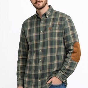 Cabela's Green Plaid Button-Down 100% Cotton Shirt with Brown Elbow Patches